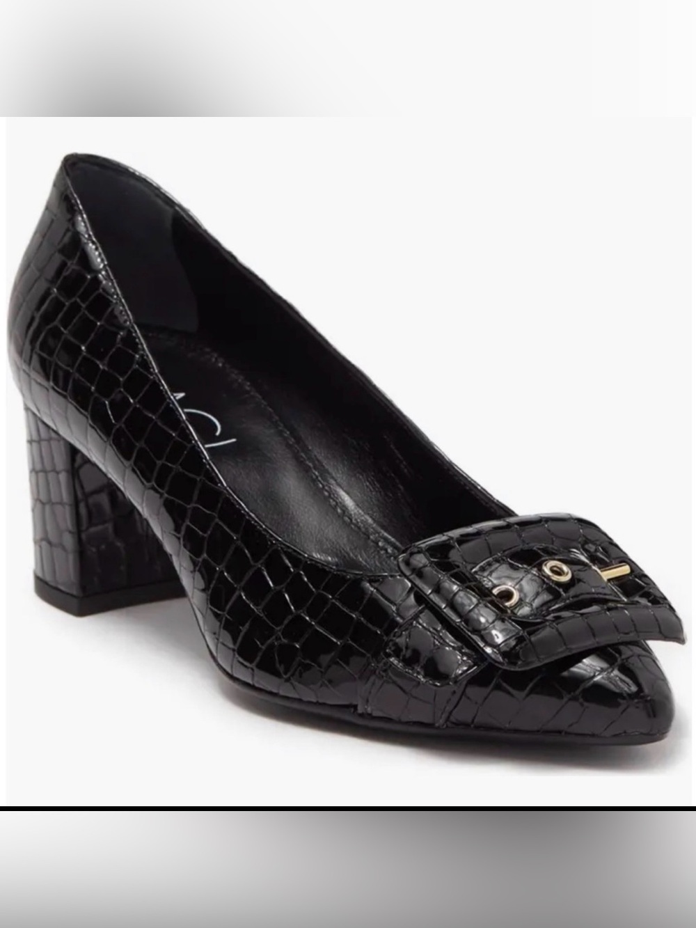 AGL Buckle Pump Black Croc Patent Leather Pointed Toe Block Heel Size 6 NWOB